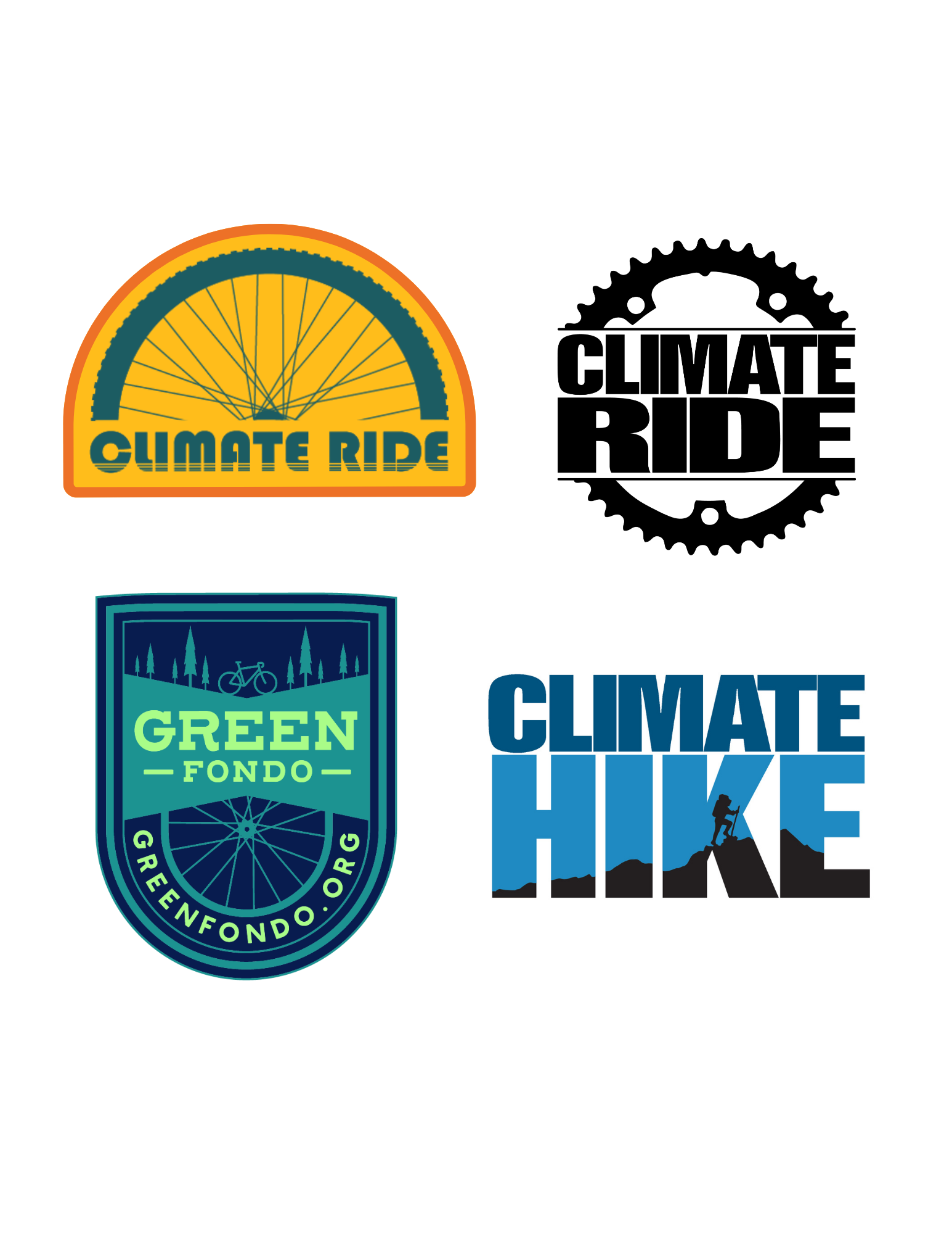Example sheet of four Climate Ride stickers you might receive for purchasing a sticker packer.