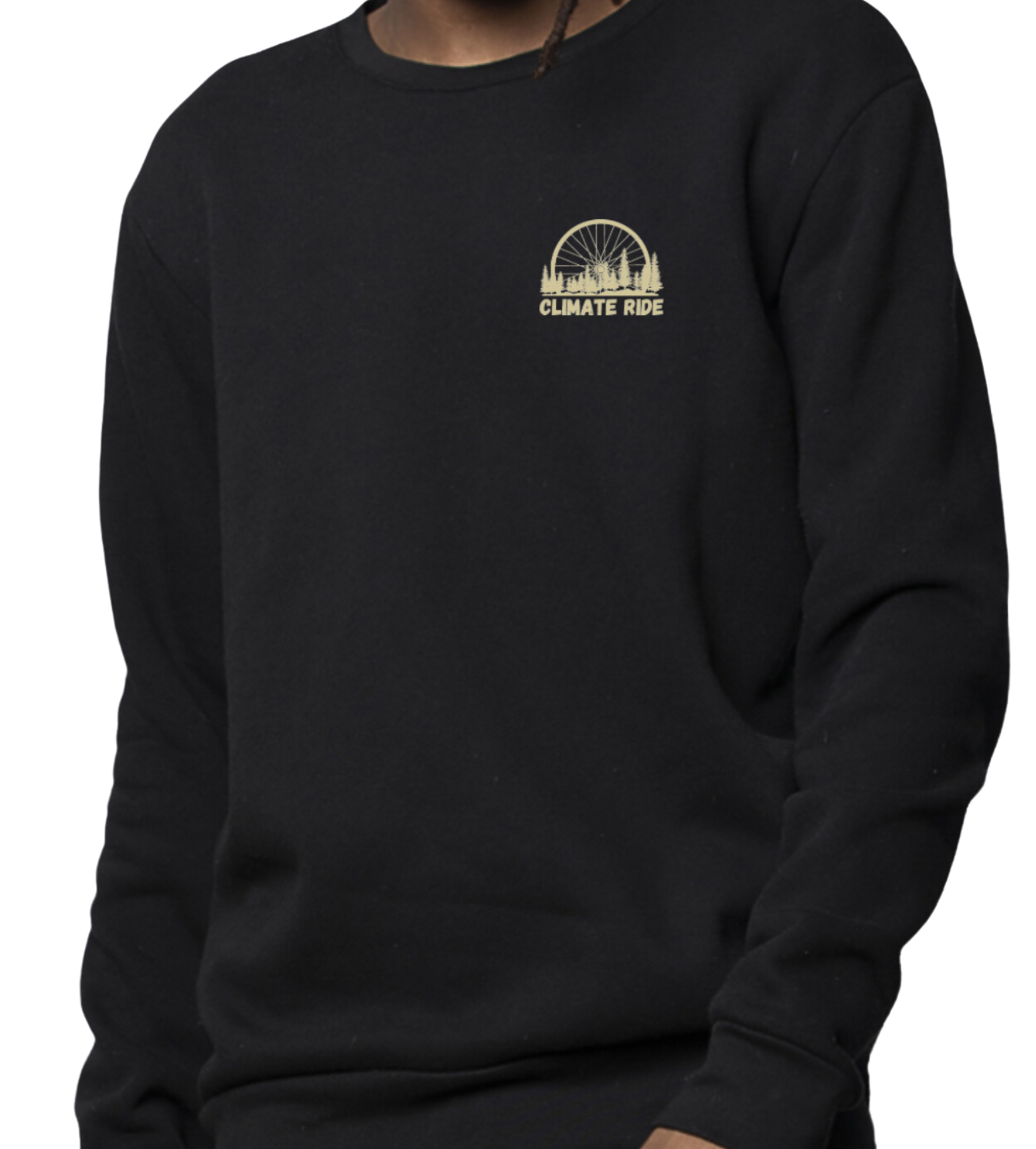 Image of a black crewneck sweatshirt with Climate Ride logo.