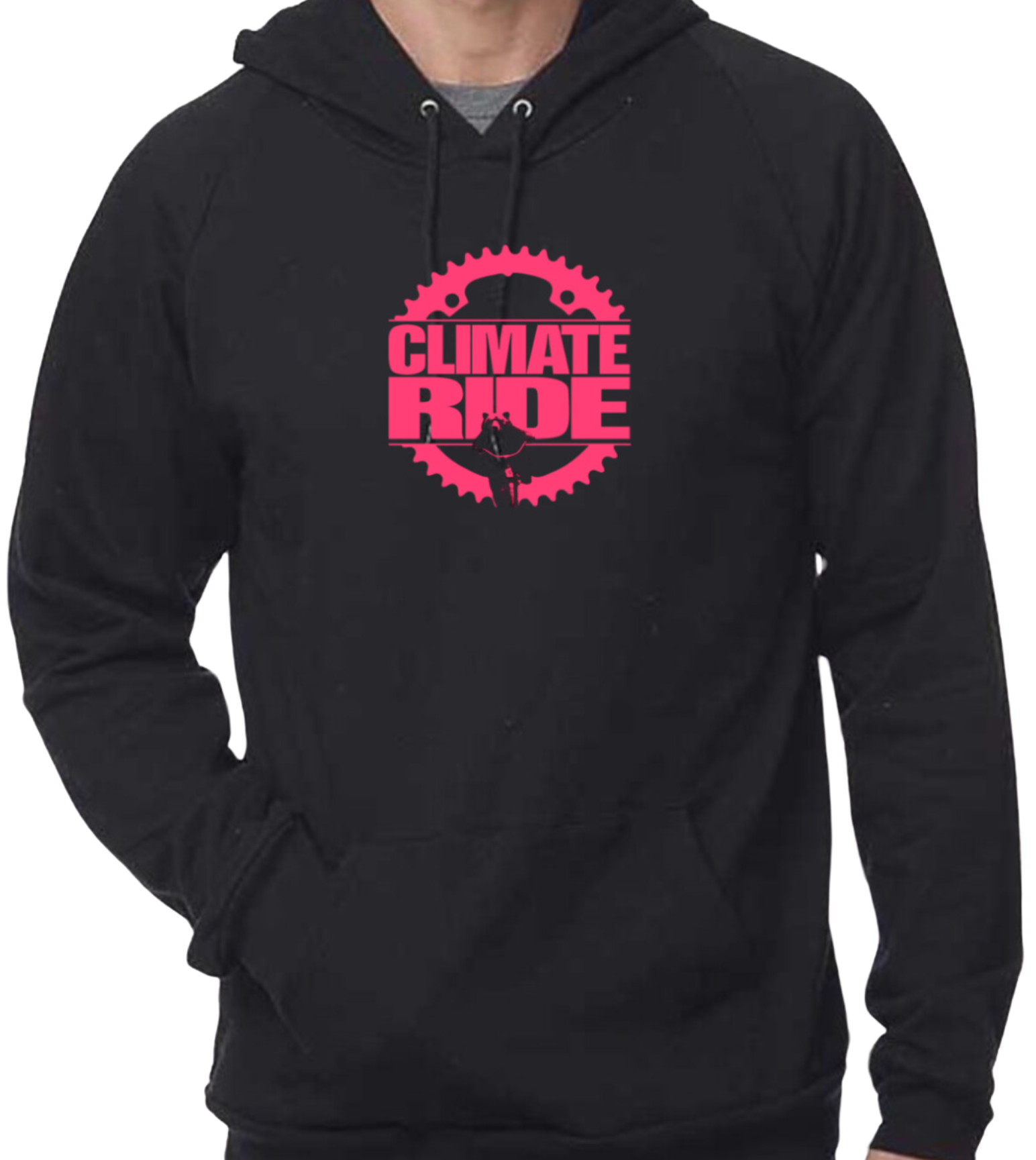 Climate Ride black hoodie with logo in pink and a silhouette of a bear.