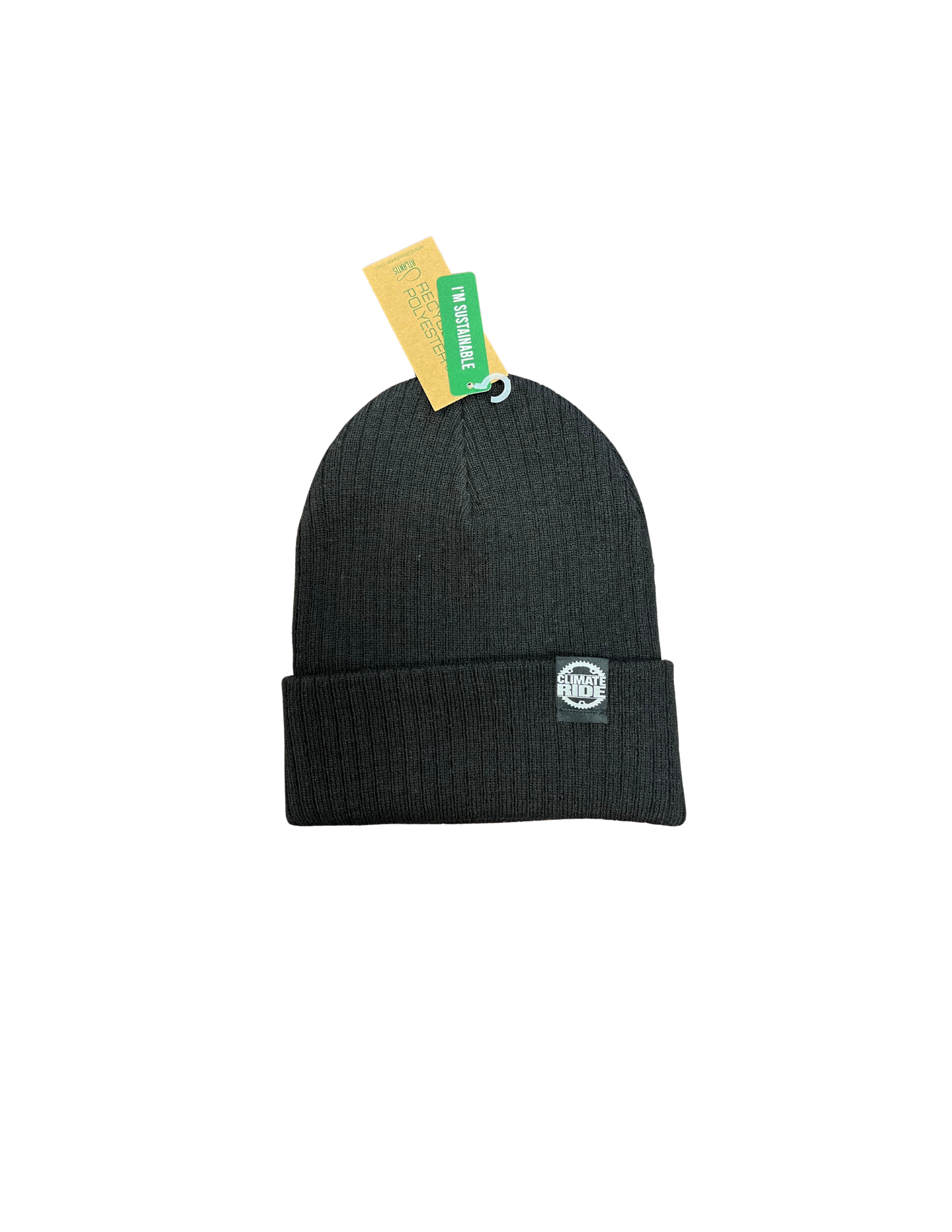 A black Climate Ride beanie with a Climate Ride logo on the fold/ band in white.