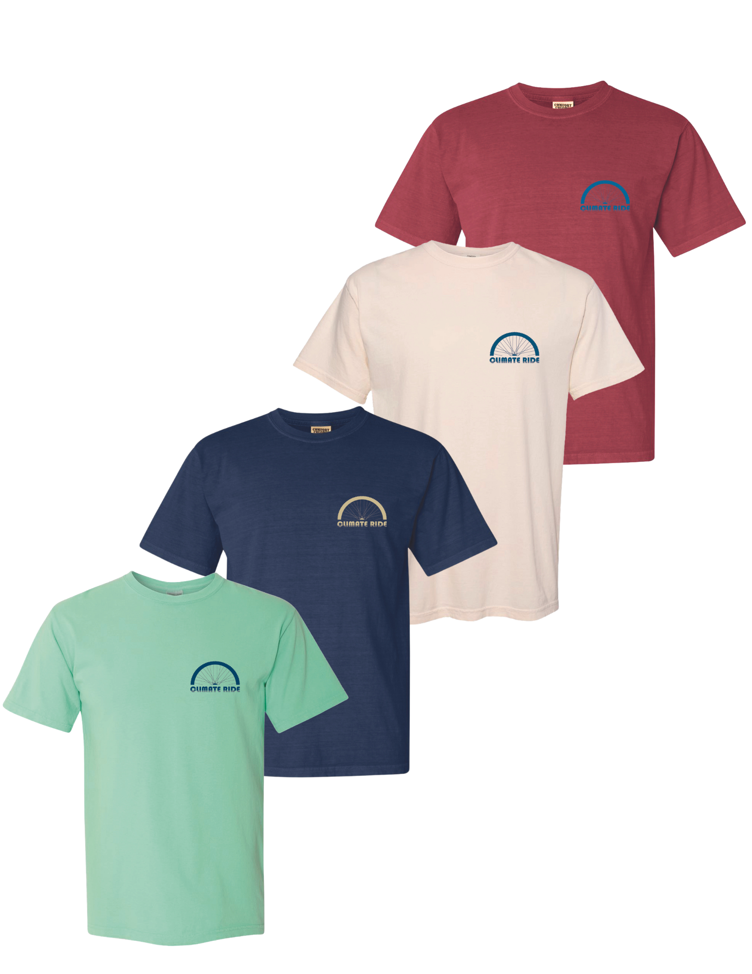 Image of multiple colorways of Climate Ride logo shirts.