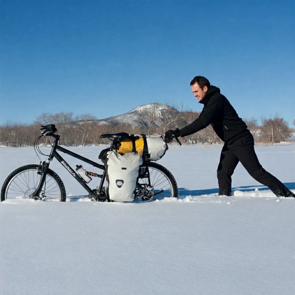 An AI generated image of a man pushing a loaded bike with bike packing equipment through the snow.