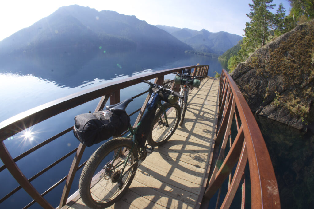 Bikepacking bike on the bridge over lake cresscent.