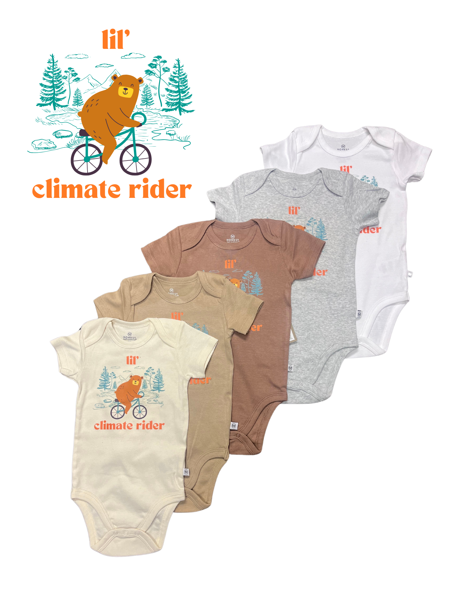 An image of the baby onesies stacked in different colors ranging from a light coffee brown to a dark brown to grey and white on a transparent background. The print is highlighted in the upper left corner of a a brown bear on a bicycle in the forest with the words "climate rider" in orange underneath and "lil'" above so that it reads "lil climate rider".