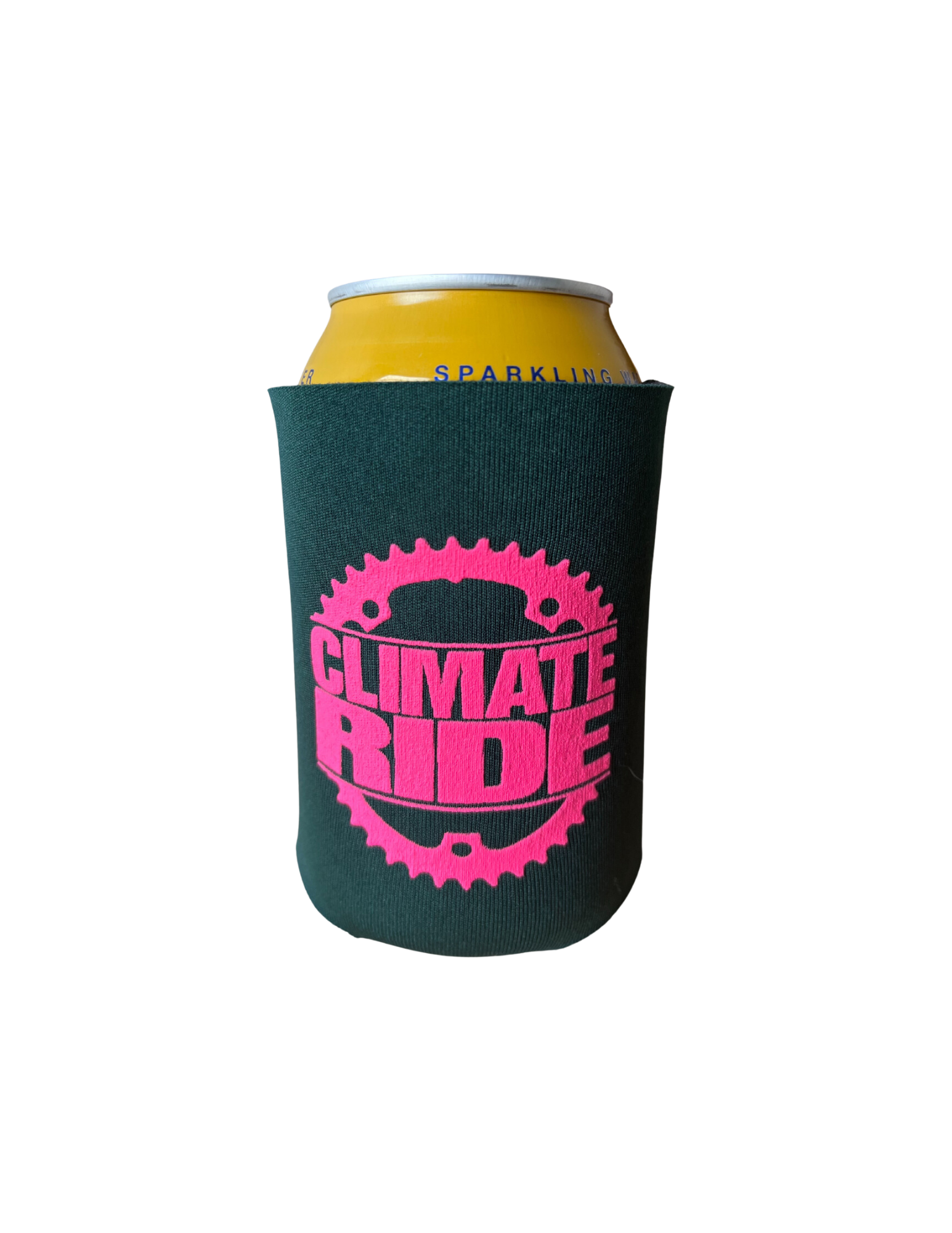 An image of a coozie, green, with a pink Climate Ride logo and transparrent background.
