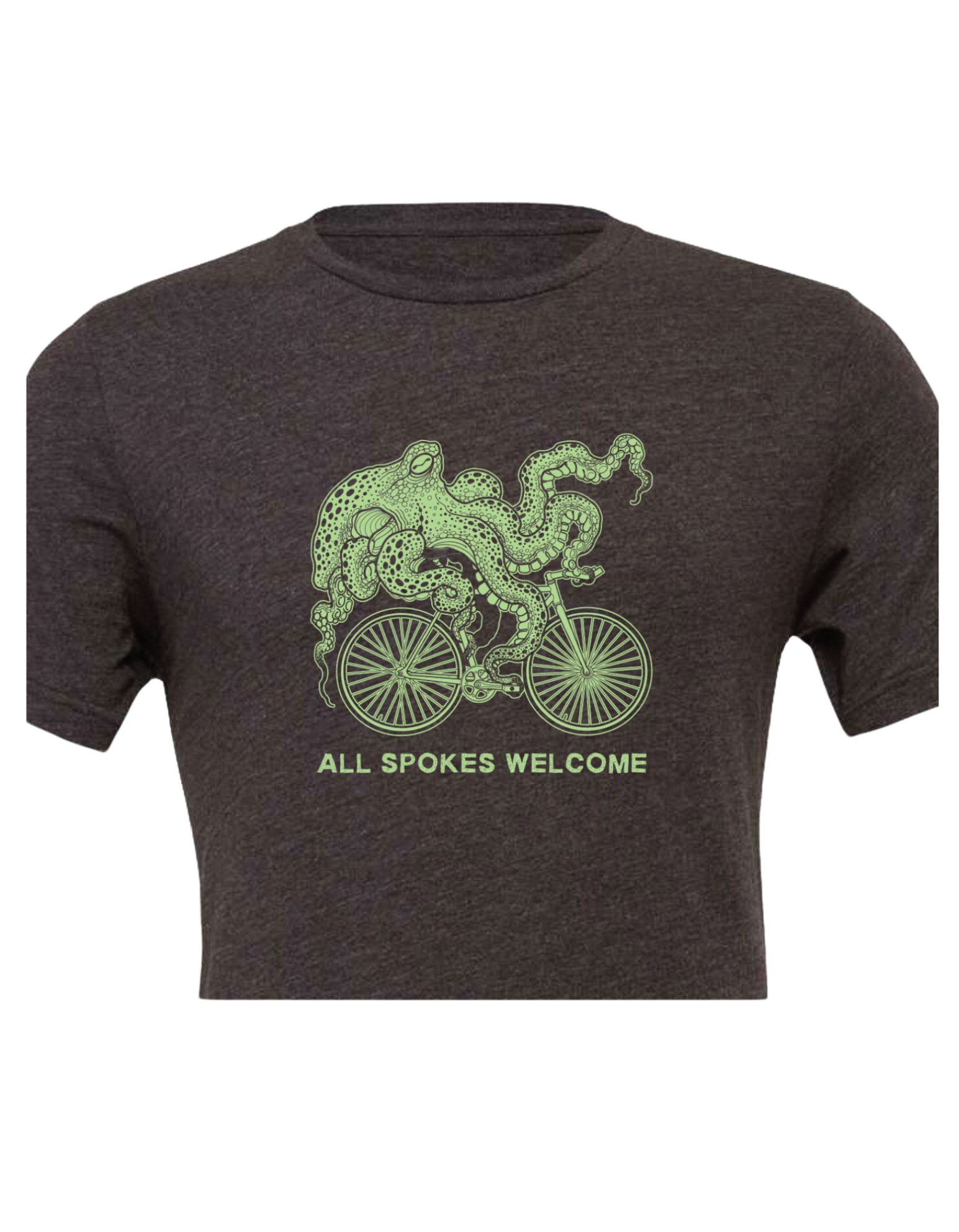 Image of a grey shirt with a green octopus riding a bicycle with words "All Spokes Welcome".