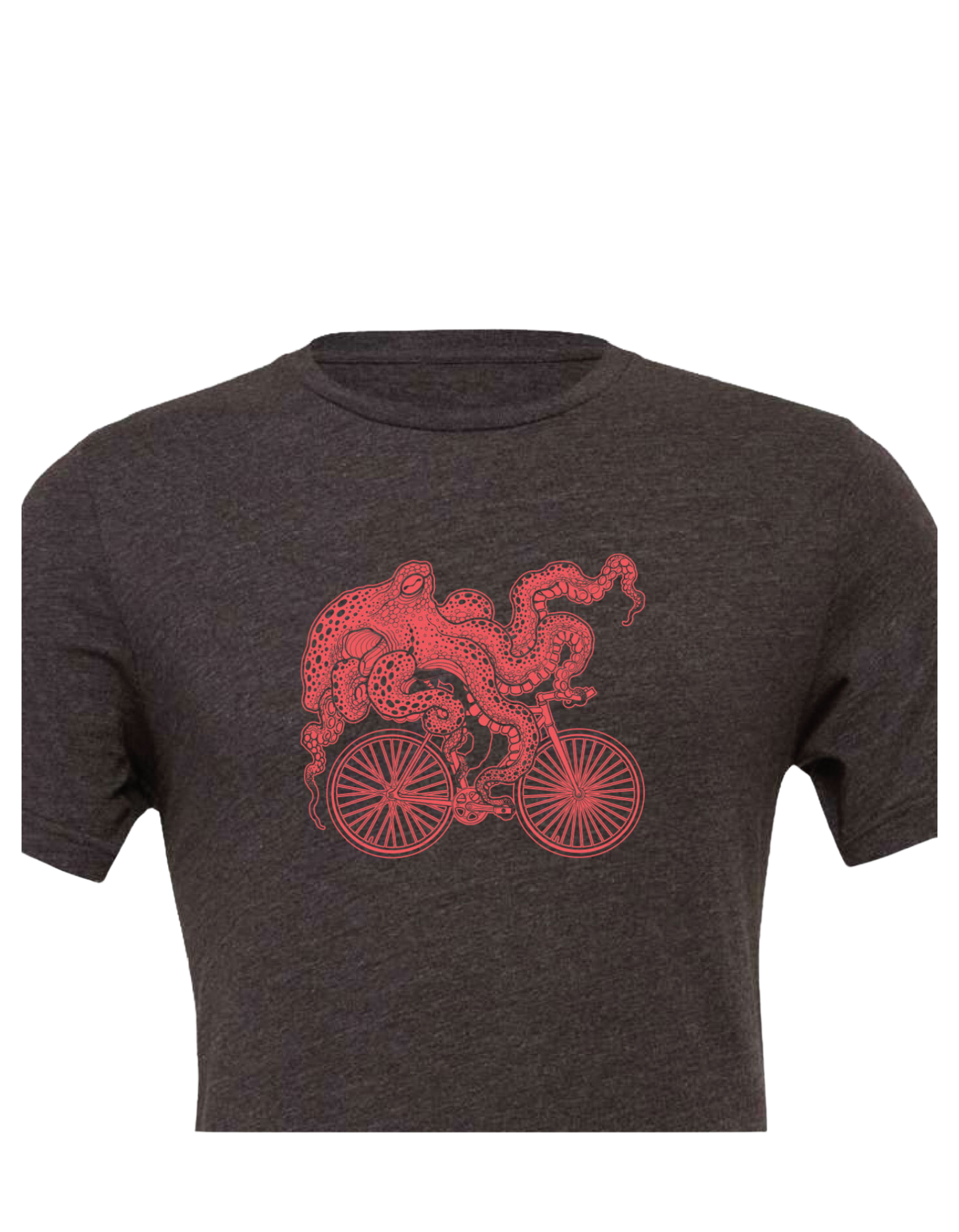 Image of a grey shirt with a red octopus riding a bicycle.