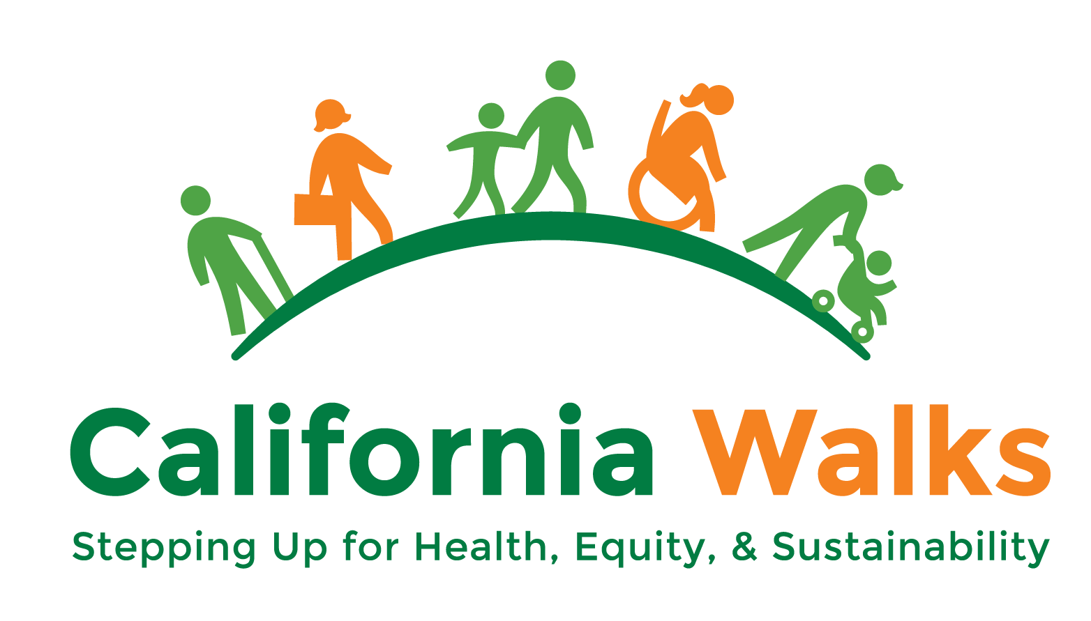 California Walks logo with a green line in a slight arch with lots of different people walking and using a wheelchair in silhouette in green and orange.
