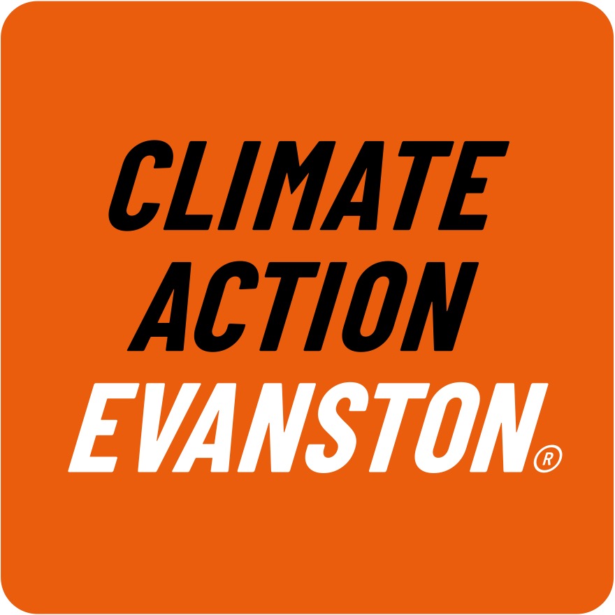 Logo for Climate Action Evanston with the name of the org in black and white over an orange square with rounded corners and an encircled R for registered trademark.