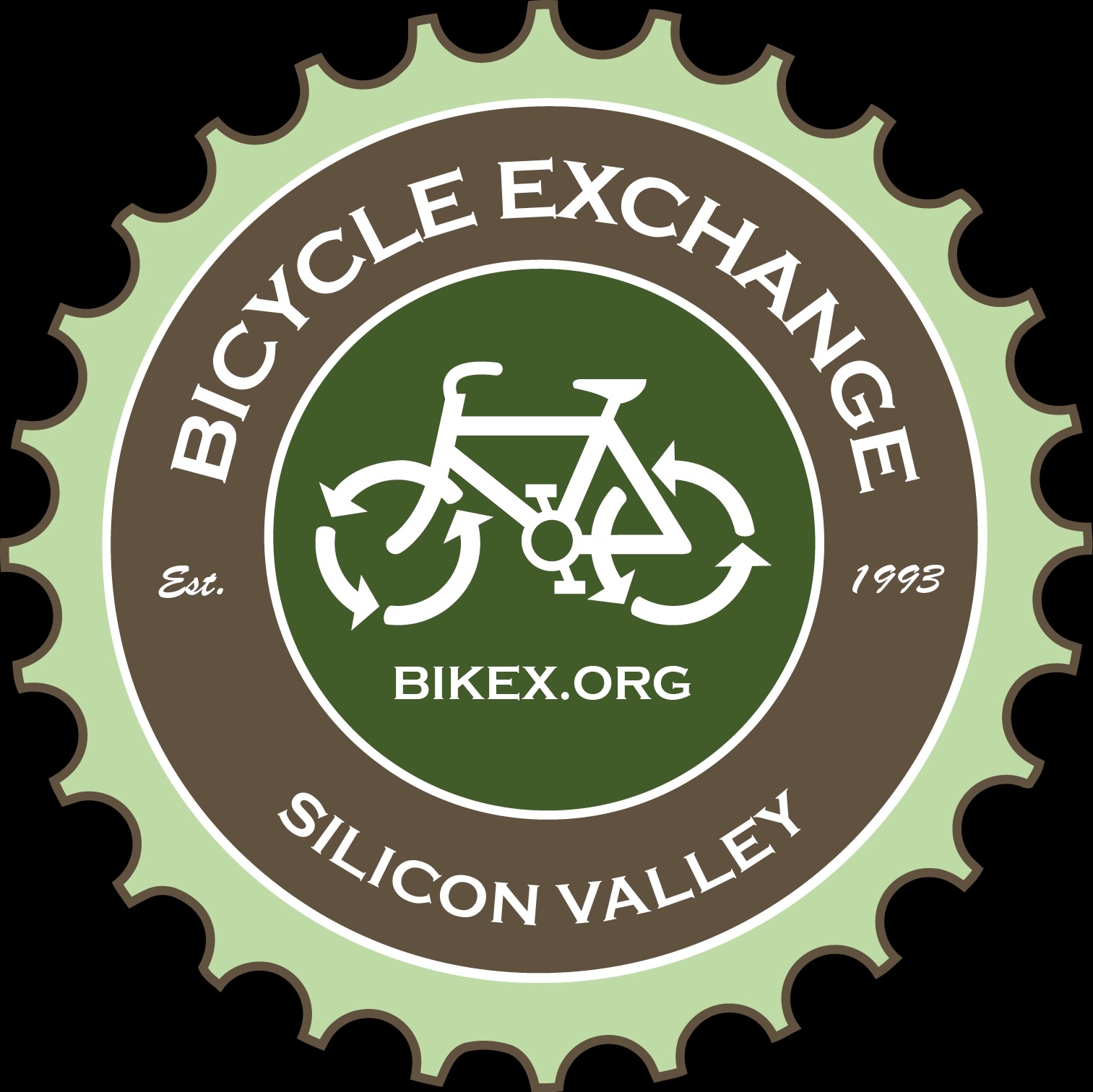 Logo for for they Bicycle Exchange of Silicon Valley with a bike with recycling arrows in a circle for the wheels.