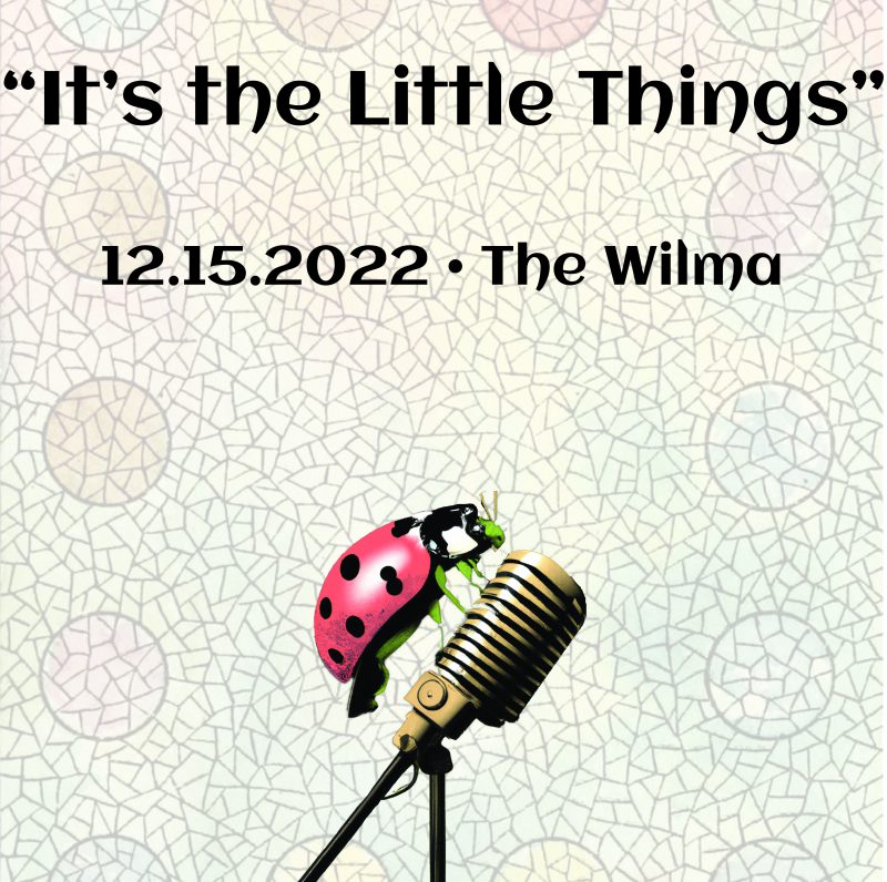 a ladybug crawls on a bullet microphone with thext descroibing the event