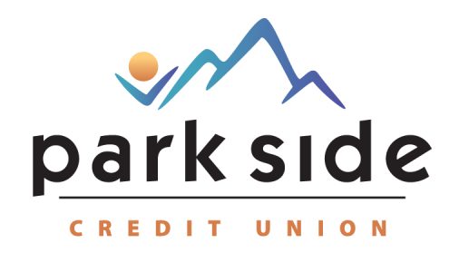This image shows the official logo for Park Side Credit Union against a solid white background. Key Elements Graphic Emblem (Top): Features a stylized mountain range in a gradient transitioning from light teal/cyan on the left to deep royal blue and purple on the right. On the far left, a dynamic figure resembling an abstract person with raised arms (or a sun burst/valley) cradles a warm orange-yellow gradient circle, evoking a setting sun or a rising sun over the peaks. Main Typography (Center): The words "park side" are written in prominent, bold, black lowercase letters with stylized geometry (notably, the letter 'i' lacks a dot and is slightly angled). A thin, horizontal black line runs directly beneath "park side," visually separating the main brand name from the subtitle. Subtitle (Bottom): The text "C R E D I T U N I O N" is rendered in all-caps orange lettering, widely spaced across the width of the black dividing line.