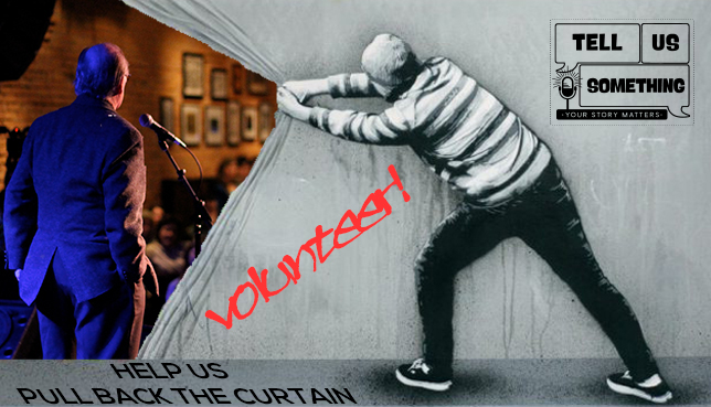 The image depicts a man pulling back a curtain, symbolizing the act of revealing or uncovering something. The accompanying text emphasizes the importance of involvement and volunteering, suggesting that engagement can lead to significant insights or changes. Various tags indicate elements like clothing, footwear, art, graffiti, and street culture are associated with the scene.