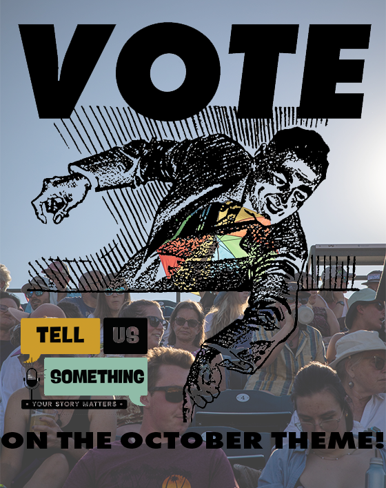 The image depicts a crowd of people gathered in a stadium. They are engaging with a message that emphasizes the importance of voting on the theme for a personal stories event in October. Various elements like text, human faces, and clothing suggest a vibrant atmosphere filled with individuals expressing themselves.